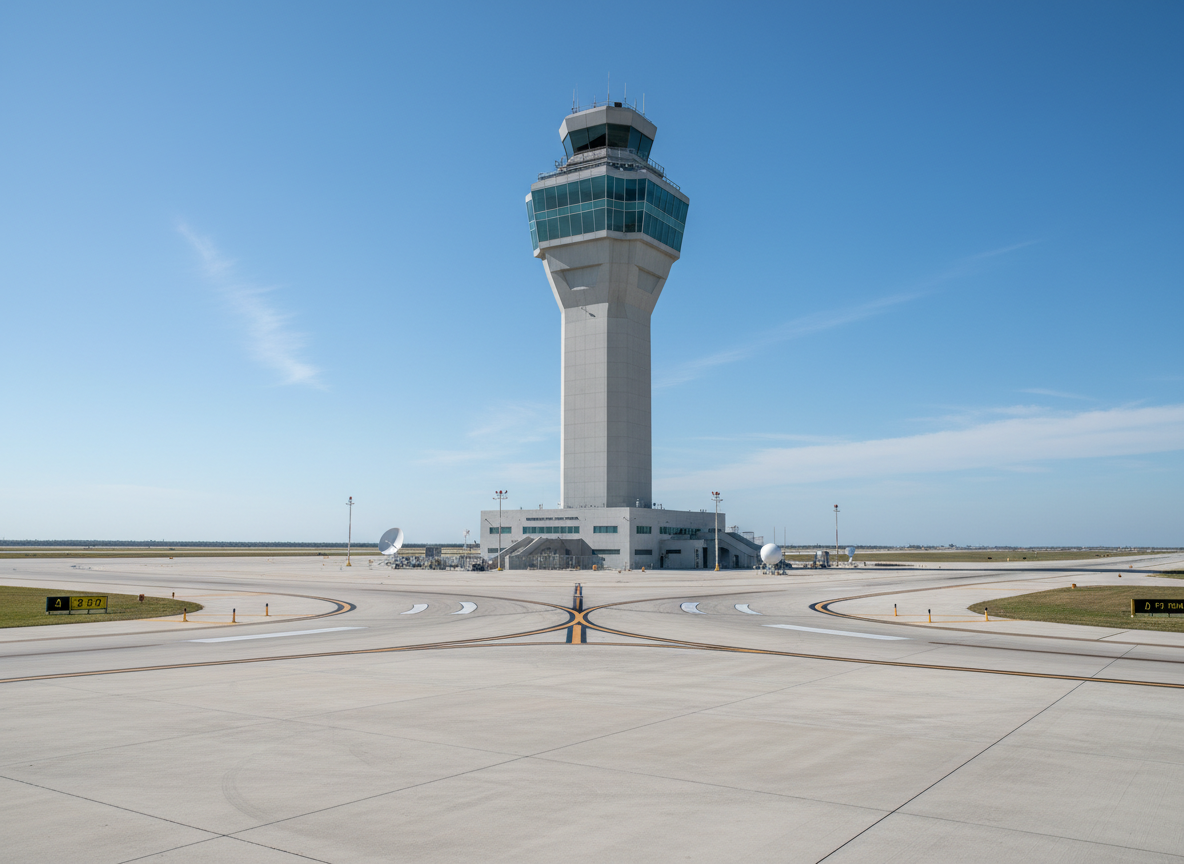 A high-resolution, photographic image of a modern air traffic control tower at a Florida airport, built from smooth concrete and expansive tinted glass panels, rising above intersecting runways and taxiways. The tower is framed against a clear blue sky with a few wispy clouds, bathed in clean afternoon light that produces crisp edges and minimal shadows, conveying clarity and control. Below, neatly painted runway markings, radar antennas, and navigation lights hint at sophisticated infrastructure and safety. The composition uses a low-angle perspective to make the tower appear strong and authoritative, centered but with runways leading the viewer’s eye. The mood is confident, organized, and policy-focused, ideal for representing governance and oversight in aviation.