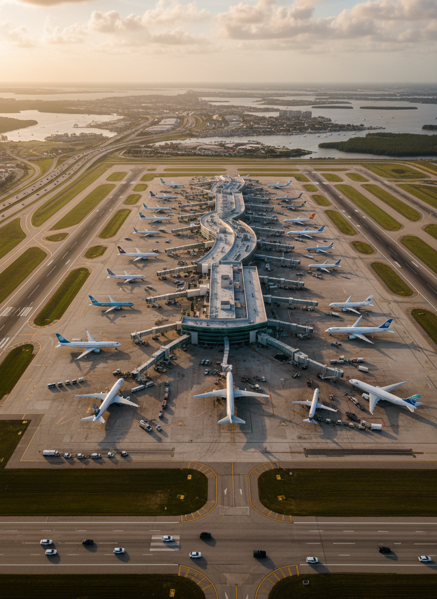A wide, cinematic aerial photograph of a major Florida airport at sunrise, showing multiple runways, taxiways, and a modern glass-and-steel terminal. Sleek commercial aircraft are parked at jet bridges, with service vehicles and luggage carts arranged in orderly patterns, emphasizing efficient operations and economic activity. Soft golden morning light casts long, clean shadows across the tarmac and highlights the subtle reflections on the terminal’s curved glass façade. The surrounding landscape reveals nearby highways and waterways, illustrating connectivity. Shot from a high bird’s-eye perspective with sharp focus throughout, the composition feels expansive, professional, and optimistic, conveying aviation as the backbone of Florida’s thriving economy in realistic, high-resolution photographic style.