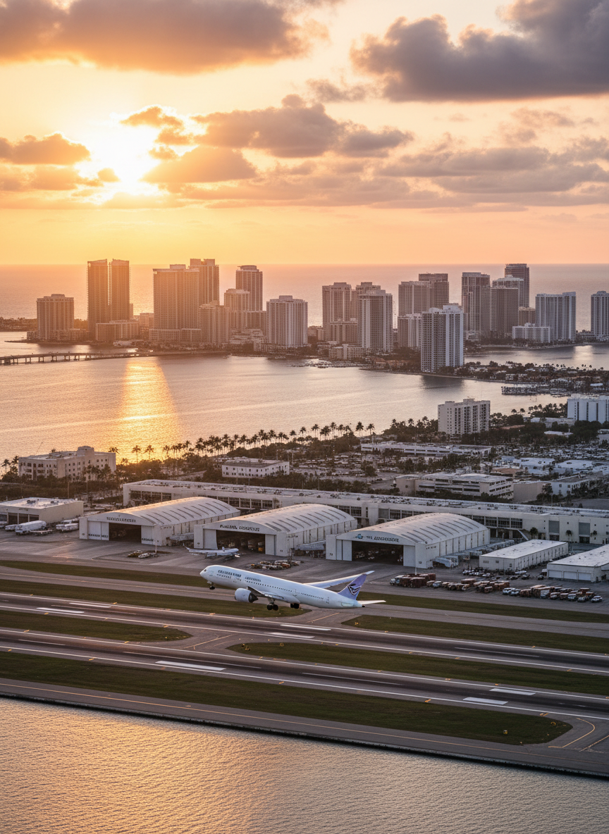 A panoramic, photographic view of a Florida coastal city skyline with a busy airport in the foreground, runways stretching parallel to shimmering water. A commercial airliner is captured just lifting off, landing gear retracting, wings flexed, symbolizing growth and upward momentum. In the middle ground, rows of hangars, maintenance facilities, and cargo warehouses show robust infrastructure and aviation-related jobs. Warm golden-hour light bathes the scene, creating a vibrant, optimistic atmosphere while soft clouds glow gently. Shot from an elevated perspective with balanced composition, the image maintains sharp focus across the frame, highlighting the relationship between aviation, urban development, and economic opportunity in a clean, professional photographic style.
