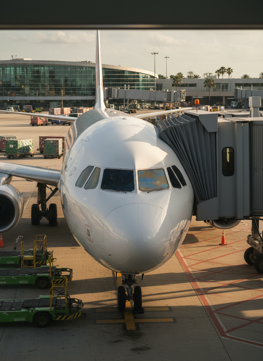 A close-up, eye-level photographic view of a bright white passenger jet nose and cockpit windows aligned perfectly with a jet bridge at a Florida airport gate. The aircraft’s smooth, reflective fuselage captures the warm late-afternoon sun, creating subtle highlights and crisp shadows along rivets and panel lines. In the middle distance, neatly arranged cargo containers, fuel trucks, and baggage conveyors hint at jobs and logistics that support the aviation economy. The terminal’s modern glass wall forms a blurred backdrop, with hints of palm trees outside. The mood is professional and efficient, with clean, modern realism. Composed using the rule of thirds and a moderate depth of field, the image feels precise and businesslike, ideal for illustrating aviation policy and economic importance.
