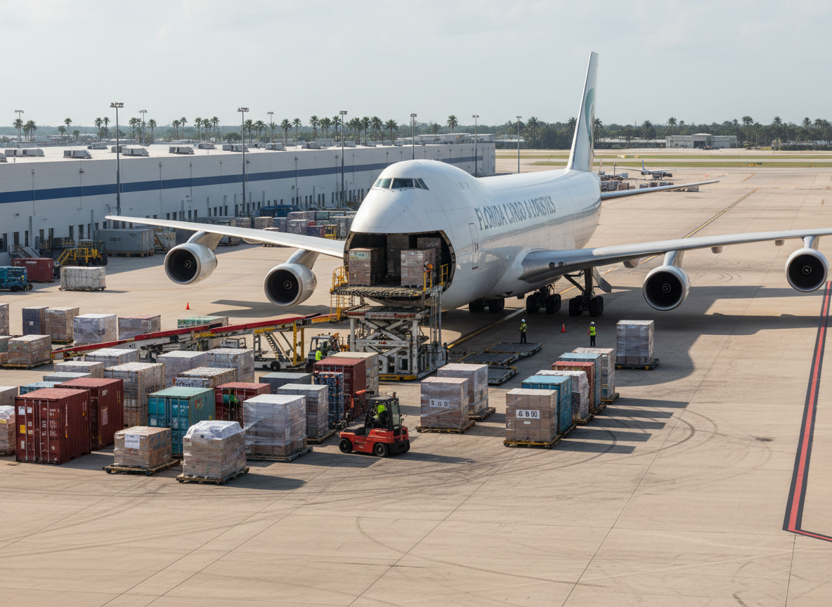 A detailed, ground-level photographic view of a cargo apron at a Florida airport, featuring a large freighter aircraft with its side cargo door open, revealing organized stacks of containers and pallets. Brightly colored shipping crates, forklifts, and conveyor belts form dynamic lines leading toward the aircraft, suggesting active trade and supply-chain strength. Overhead, diffused midday sunlight creates even illumination with subtle shadows beneath equipment, emphasizing textures of metal, rubber, and concrete. In the distance, low-slung logistics buildings and a hint of palm trees frame the scene. The mood is industrious and forward-looking, captured with sharp focus and a slightly wide-angle lens to include both aircraft and infrastructure, underscoring aviation’s role in Florida commerce and job creation.